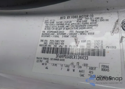 2012 Ford Fusion Sel z USA, uszkodzony, nr VIN 3FAHP0JA8CR134433